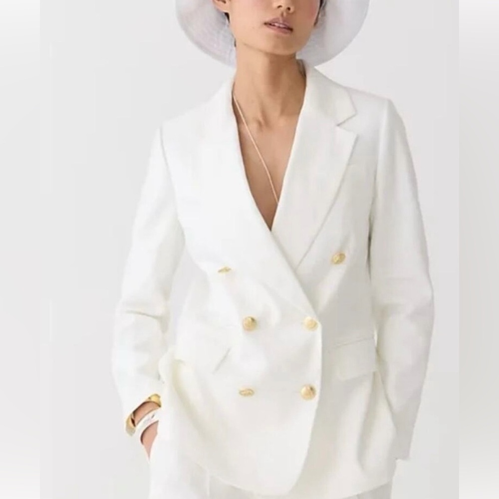 J Crew Bristol Double-Breasted White Blazer in Stretch Linen Size 6P